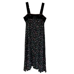 Vintage Velvet Trim Bow Front Floral Midi Dress Black Multi Cottagecore Feminine